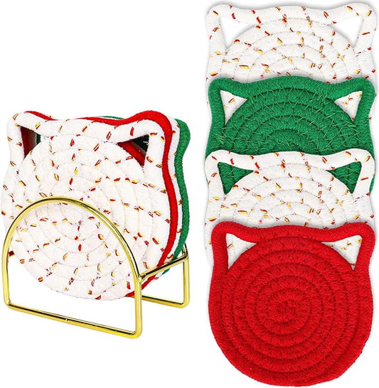 Whaline Cat Ear Coaster Set Cat Ear Shape Handmade Braided Cotton Coasters Red Green Non-Slip Absorbent Drink Coasters with Holder for Birthday Housewarming Gifts Home Decor, 4Pcs