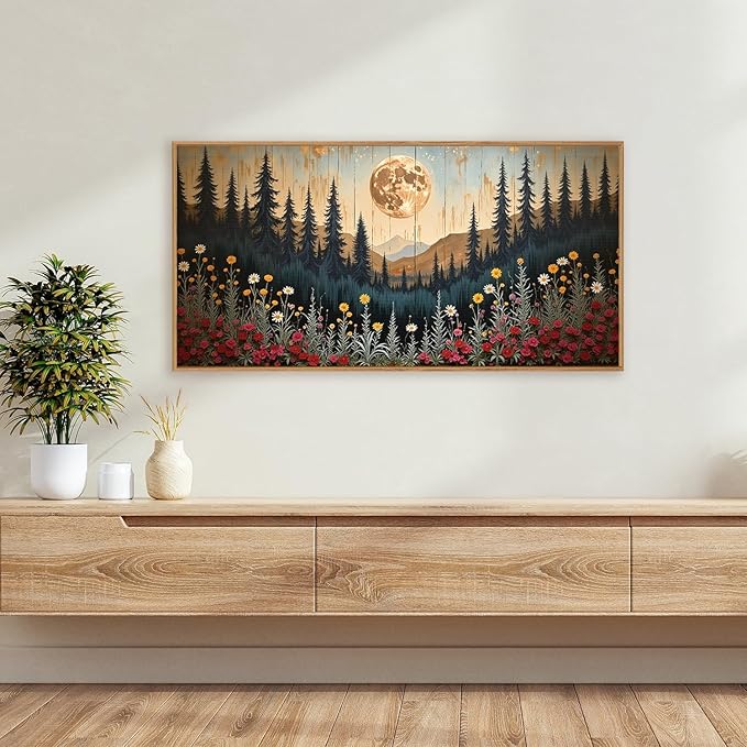 Vintage Moon Forest Framed Canvas Wall Art Set, Wildflower Forest Mountain Wall Decor, Nature Pine Tree Wall Painting, Colorful Floral Art Prints for Living Room, Bedroom, Office - 20"X40"