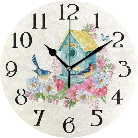 Butterfly Bird Wall Clock with Birds - Battery Operated 9.5 in Round Quartz Analog Clock for Bathroom, Kitchen, Garden