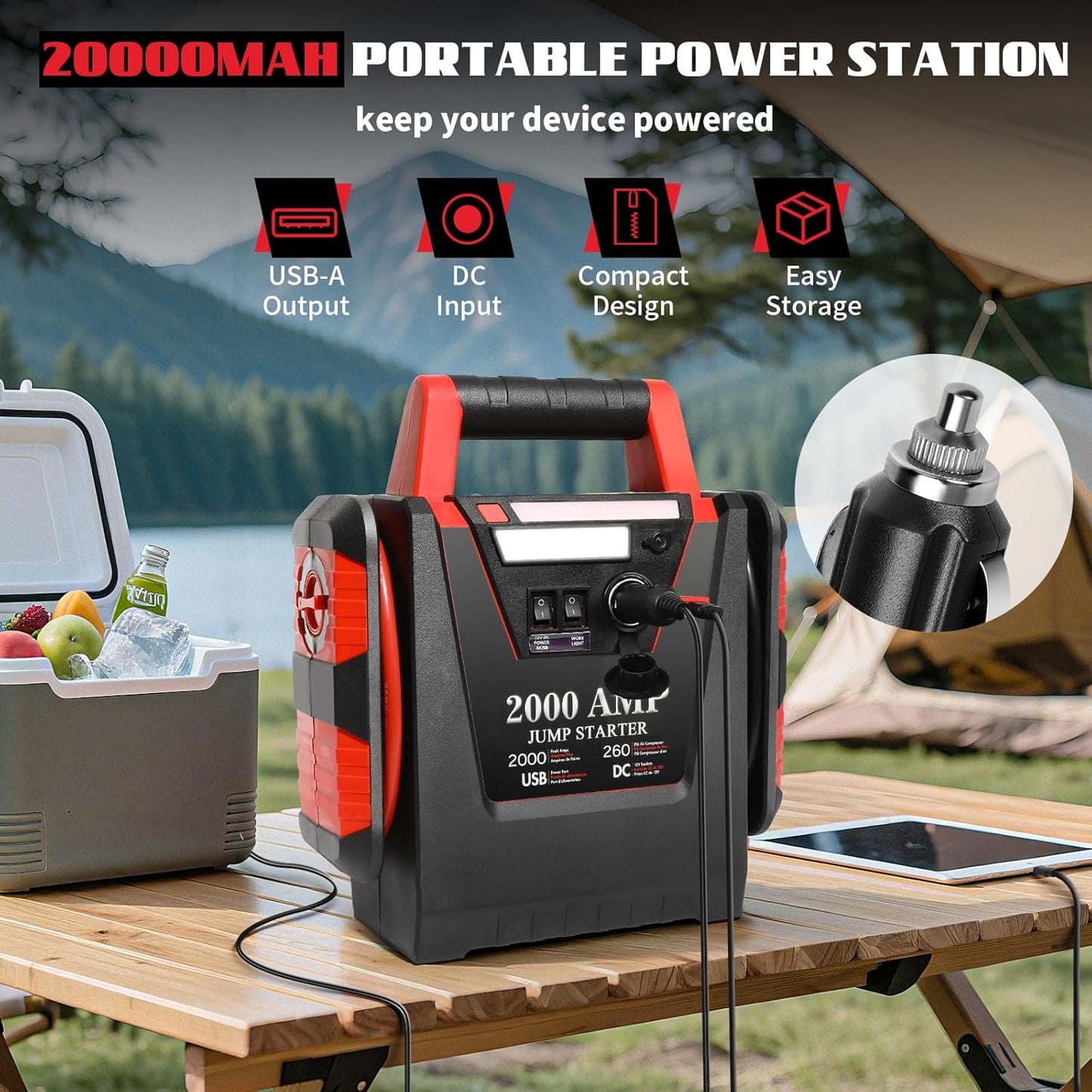2000A Jump Starter with Air Compressor,Car Battery Jumper Starter 260 PSI Tire Inflator,6 in 1 Auto Lead-Acid Battery Booster Jump Starter for Up to 10.0L Gas or 8.0L Diesel with LED Light