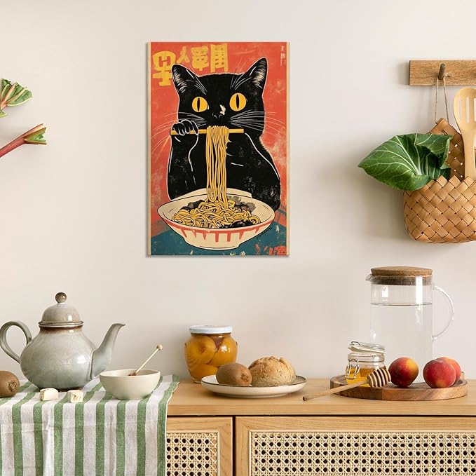 Vintage Cute Black Cat Eats Lamian Noodles Poster Prints Lamian Noodles Canvas Wall Art Cute Black Cat For Home Bedroom Kitchen Dorm Wall Decor 16x24in Wooden Frame