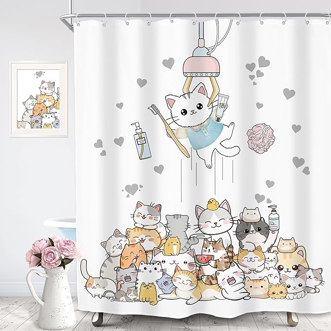 SVBright Funny Cat Shower Curtain 60Wx72L Inch Kids Cute Kitten Cartoon Children Animal Pets Fun Hilarious Lovely Boys Girls Toddler 12 Pack Hooks Polyester Waterproof Fabric Bathroom Bathtub Panels