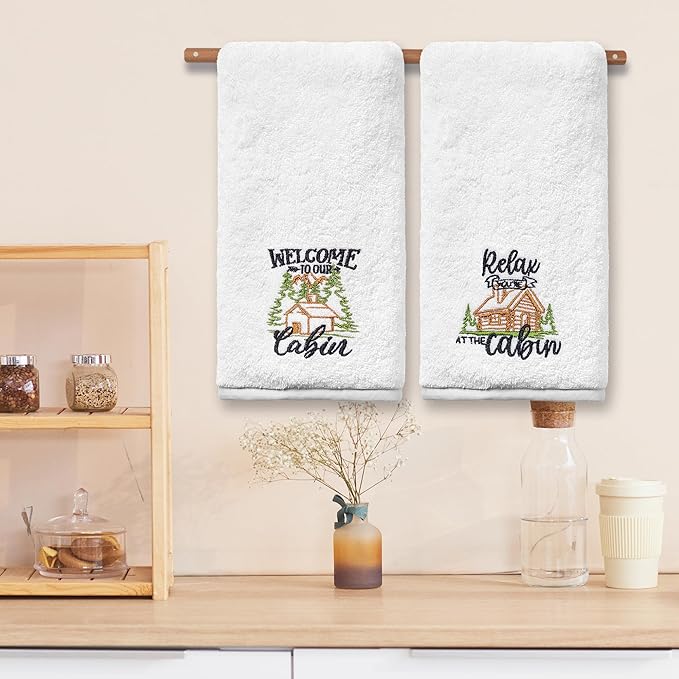 Cabin Hand Towels for Bathroom, Cabin Decor Embroidered Dish Towels, Log Cabin Decor Gifts Decorative New Home Bear Deer Tea Hand Towels, 100% Cotton Soft Towels for Kitchen 14x30 Inches