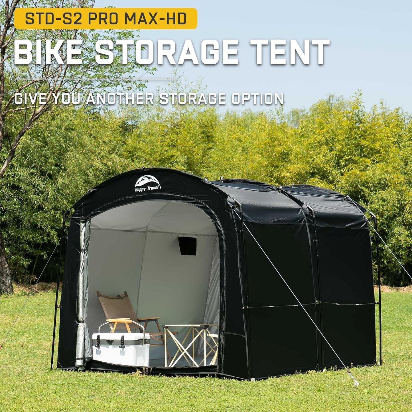 Happy Travel Bike Storage Tent, Outdoor 8×7×6.3ft Large 2-in-1 Portable Shed More 30% Top Space W/Double Doors with Mesh, Outside Lawn Mower Shelter and Bicycle Cover for Patio Furniture, Garden Tools