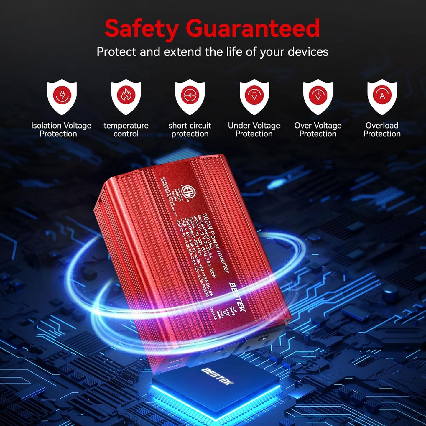 BESTEK 300W Car Power Inverter - DC 12V to 110V AC Car Plug Adapter with 30W USB-C & 18W USB-A Dual AC Outlet, Fast Car Charger Adapter for Laptop, Vehicles, Road Trip Essentials