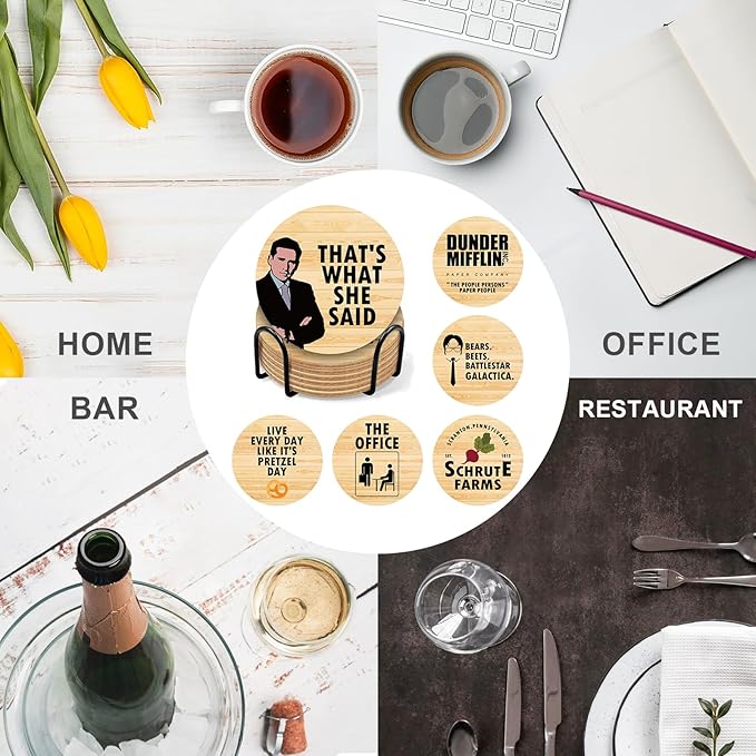 The Office TV Show Themed Merchandise for Fans, Funny Drink Coasters with Coaster Holder Set of 6, The Office Gifts for Fans, Bar Cork Coasters for Drinks Coffee Desk Table