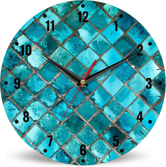 SPUNKER Clocks for Living Room,Turquoise Geometric Kitchen Wall Clock,Teal Mosaic Clocks 10 Inch Silent Non-Ticking Wall Battery Operated for Living Room Bedroom Bathroom Laundry Room Decor