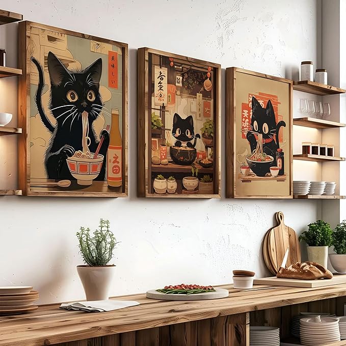 3pcs Funny Japanese Black Cat Canvas Wall Art Vintage Animal Posters Prints Edo Period Ramen Cat Pictures Japan Quirky Cat Painting Kitchen Dining Wall Decor Animal Lover Gift 16x24in Unframed