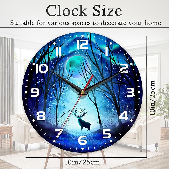 Wall Clock, 10 Inch Silent Non-Ticking Home Kitchen Decor, Battery Operated for Bathroom Bedroom Living Room Office(Forest Deer Moon)