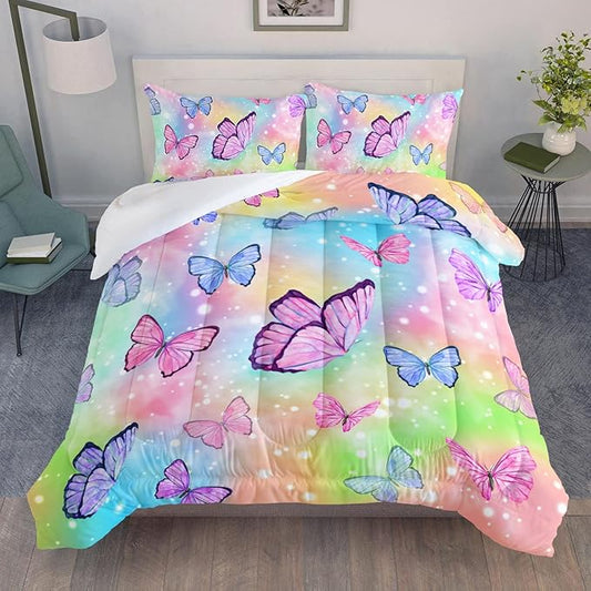 Bedding Comforter Set Rainbow Watercolor Printed Pattern Quilt Bedding Set with 1 Comforter and 2 Pillowcases for Girls Bedroom All Season(Butterfly Watercolor Twin)