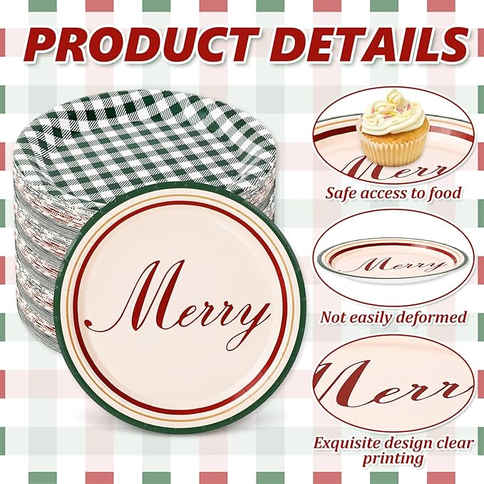 Whaline Merry Christmas Paper Plate Gingham Plaid Disposable Plate 9 Inch Red Green Checkered Dinner Dessert Plate For Xmas Winter Party Supplies Table Decor, 40Pcs