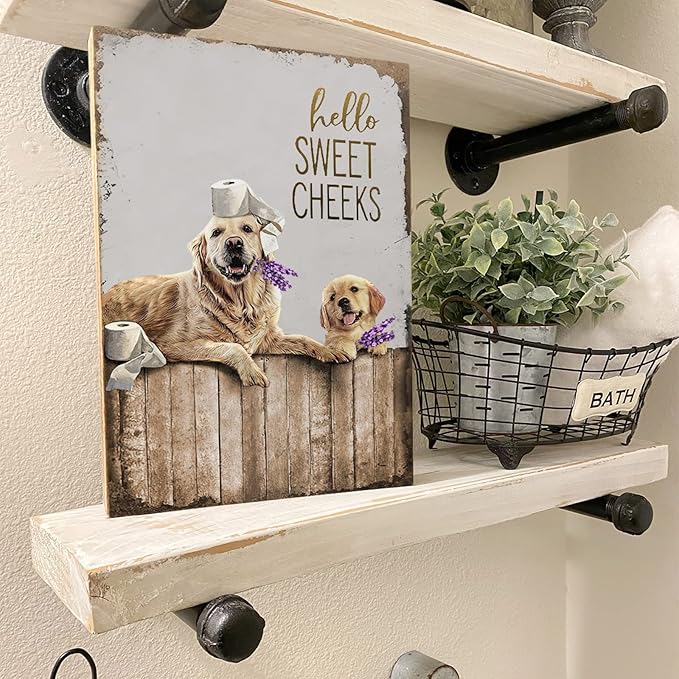 Bathroom Decor Wall Art Dog Pictures Wall Decor Golden Retriever Painting Funny Farmhouse Bathroom Wall Art for Bathroom Toilet Rustic Animals Bathroom Artwork Framed 16"x20"