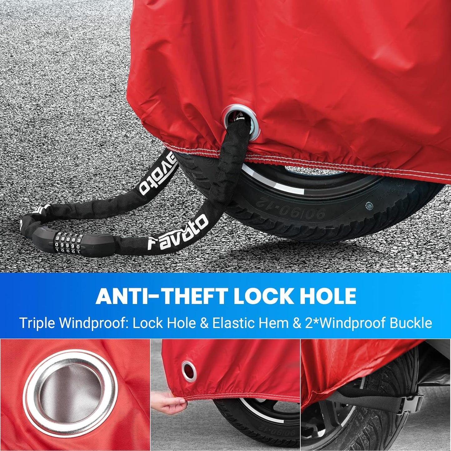 Favoto Motorcycle Cover All Season - Universal Weather Quality Waterproof Sun Rain Outdoor Protection Night Reflective with Lock-Holes & Storage Bag Fits up to 86.6" Motorcycles Vehicle Cover