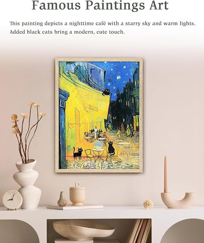 UPWOIGH Beige Oak Wood Yellow Framed Wall Art,3 Black Cats at Vincent Van Gogh's Cafe Terrace at Night,12"x16"Impressionist Painting,French Cityscape Print,Funny animals Art for Bedroom Bathroom,Gifts