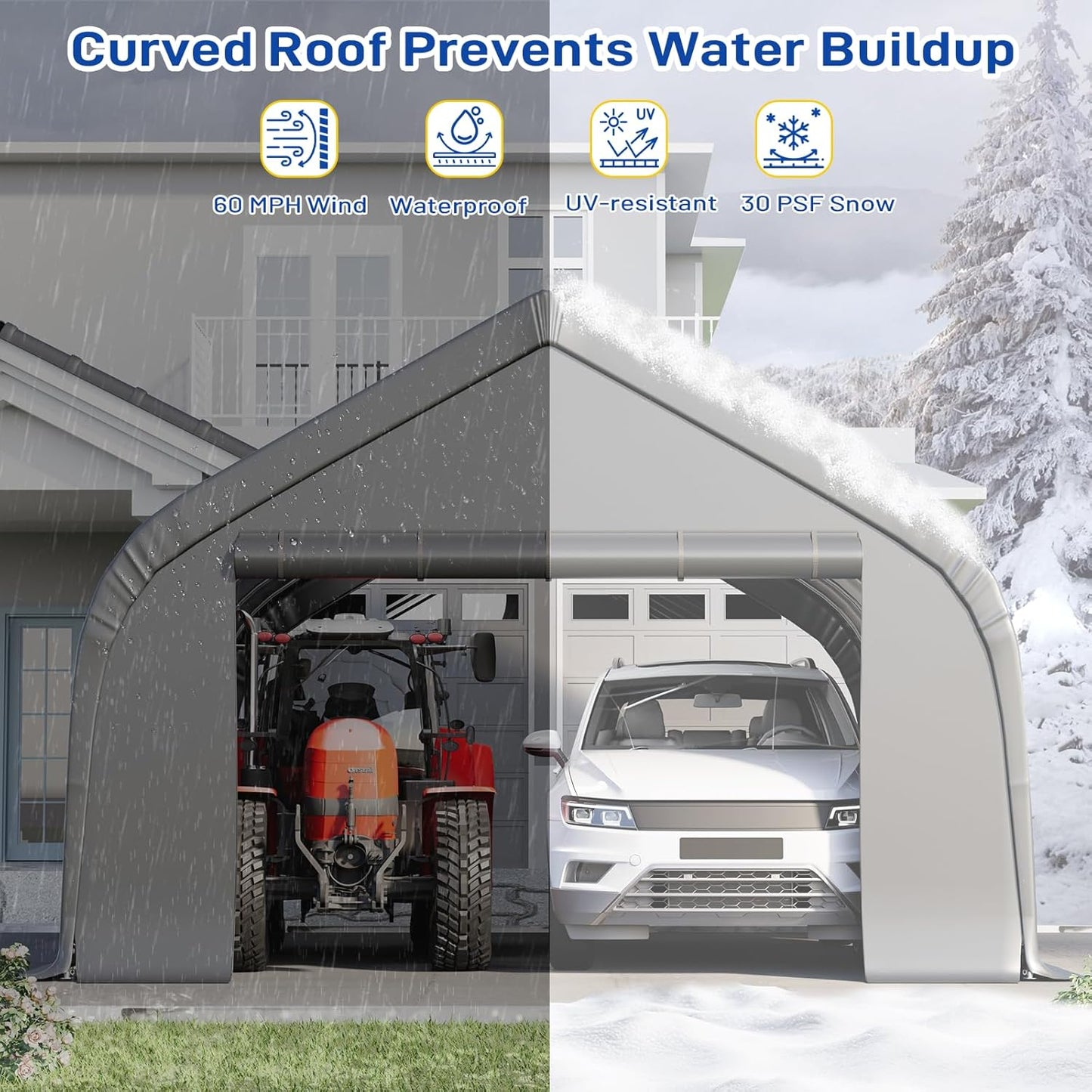 EROMMY 20x30 FT Heavy Duty Durable Carport, Galvanized Steel Frame Garage Shelter and Outdoor Storage, Waterproof 3-Layer PE Cover, Fits 2 Cars, Boat, Farm Equipment, Silver Gray