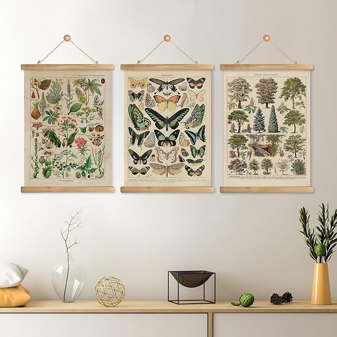 XIAOAIKA 3-Pack Vintage Educational Posters with Wooden Frames - Botanical, Butterfly, and Arboreal Illustrations, Nature-Themed Wall Art for Home and Classroom, 12x16 Inches