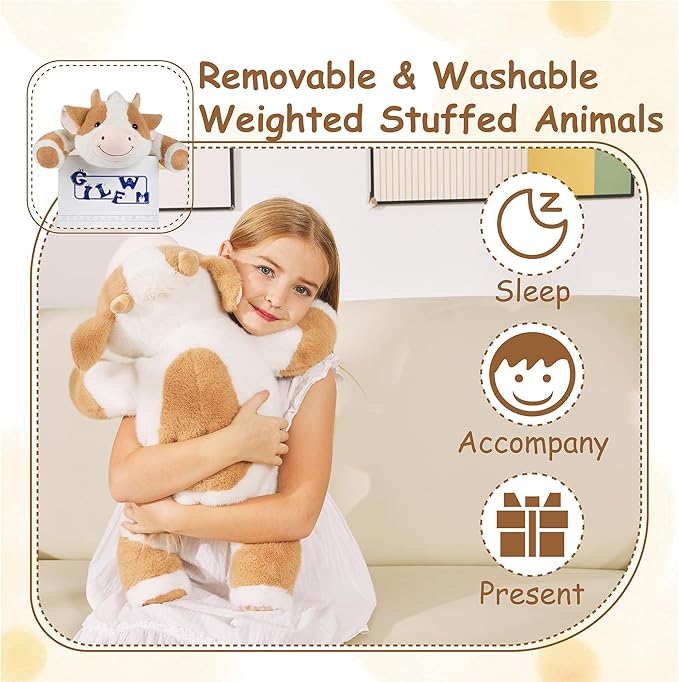 Weighted Stuffed Animals Cow - 25" Big Stuffed Animal Toy Pillow for Kids & Adults, 5 lbs Ultra-Soft Washable Weighted Plush