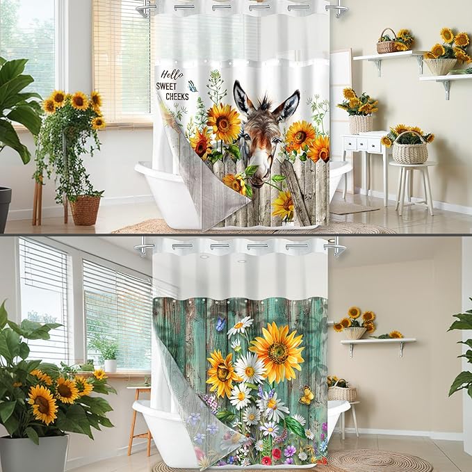Vimorco No Hook Shower Curtain and Liner Set, 2 Interchangeable Patterns Shower Curtain with Snap (Sunflower Butterfly & Sunflower Donkey) Fabric Waterproof, 71x74 Inch, 2025 New