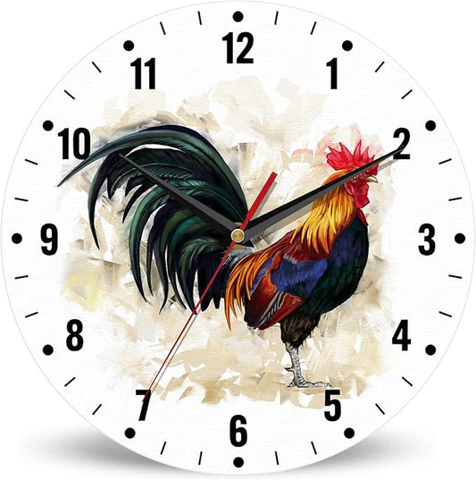 SPUNKER Wall Clock,Rooster Wall Clocks for Living Room Decor,Farm Animal Watercolor Kitchen Clocks Wall Battery Operated - 10 Inch Round Bathroom Wall Clock Silent Non-Ticking