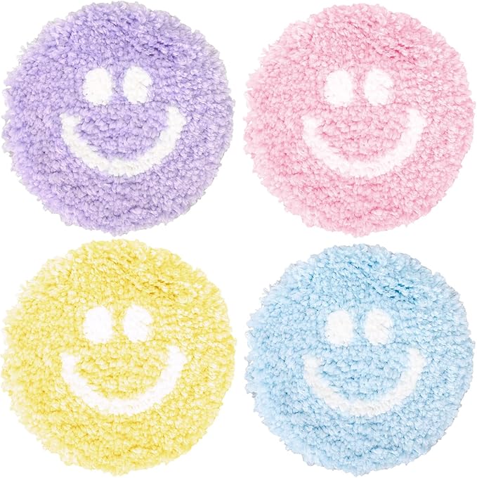 Whaline 4Pcs Smile Face Tufted Coasters Cute Preppy Drink Coasters Colorful Happy Face Cup Mat Pad for Drinks Car Desk Kitchen Home Accessories Coffee Table Gift