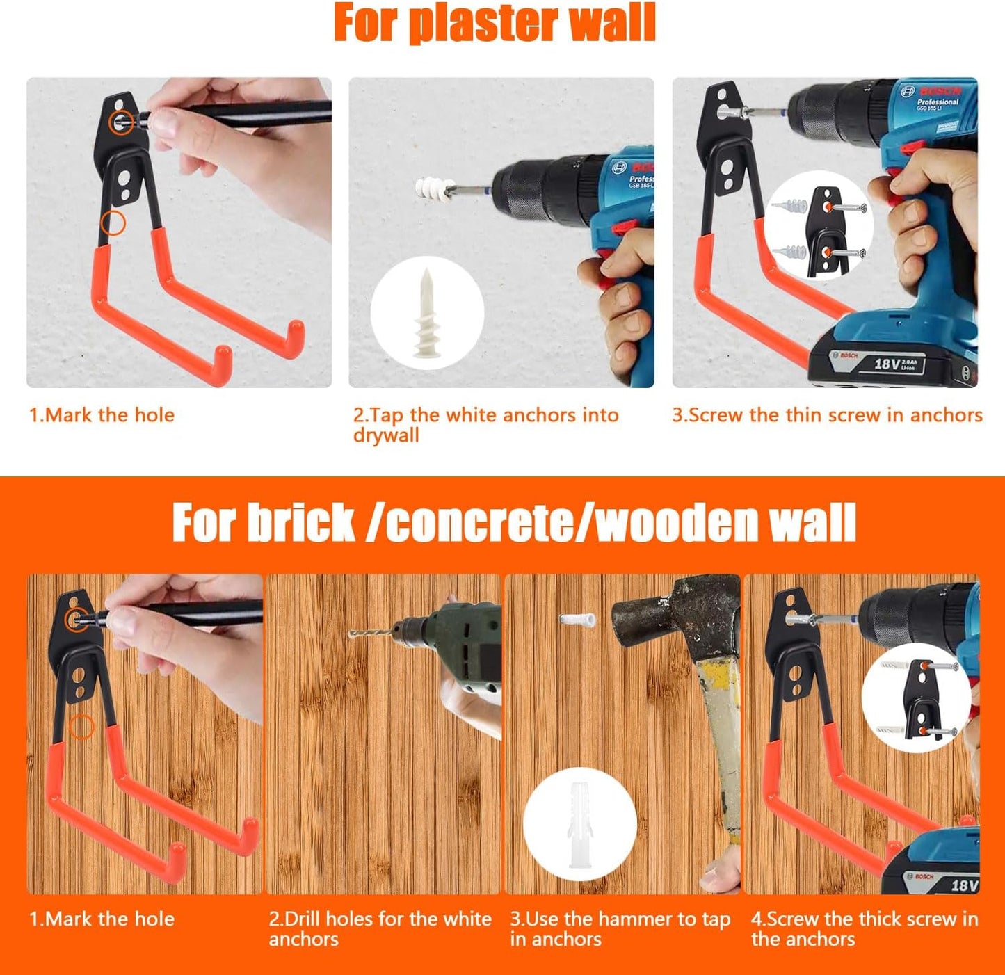 Heavy-Duty Garage Hooks -2 Pack Type medium J - Anti-Slip Coated Wall-Mounted Hooks Wall Mount Storage Organizer for Hanging Power and Garden Tools, Ladders, Hose, Bikes, Ropes, Bulk Items, and More