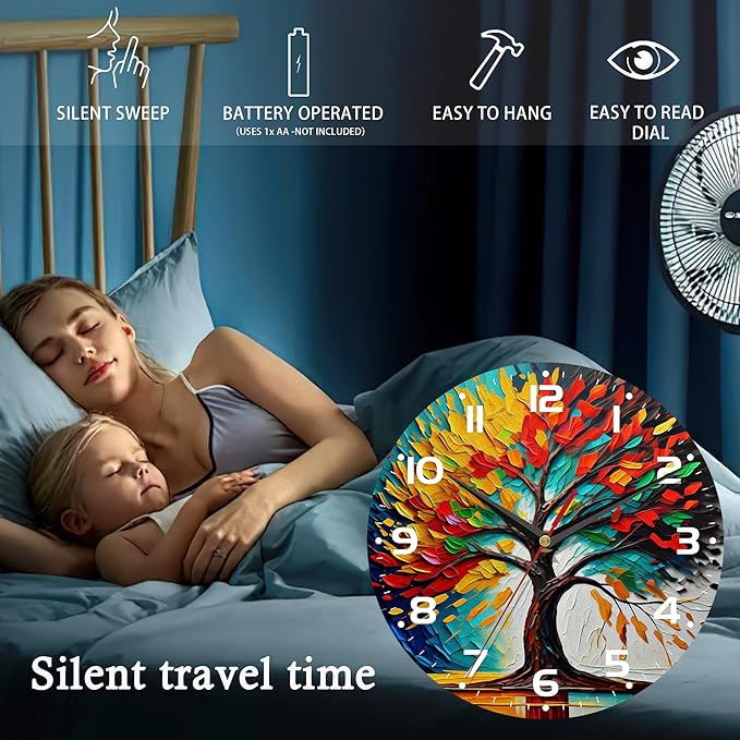 Wall Clock, 10 Inch Silent Non-Ticking Home Kitchen Decor, Battery Operated for Bathroom Bedroom Living Room Office(Tree of Life)