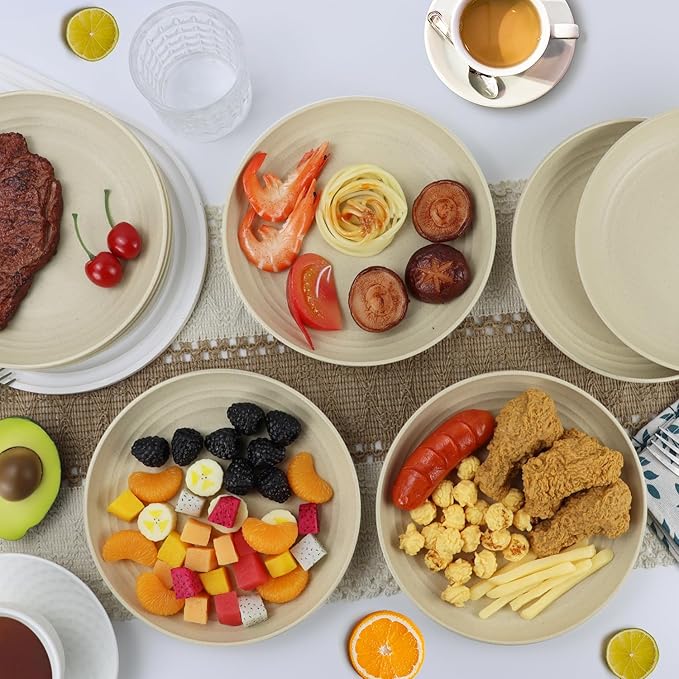 Wheat Straw Dinner Plates, 9 Inch Beige Set of 8, Lightweight Unbreakable Plastic, Microwave & Dishwasher Safe Kids Plates
