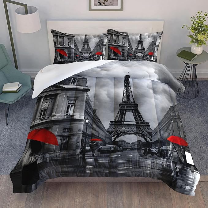 Bedding Comforter Set Paris Street Scenery Eiffel Tower Printed Pattern Quilt Bedding Set with 1 Comforter and 2 Pillowcases for Girls and Boys Bedroom All Season(Paris Full)
