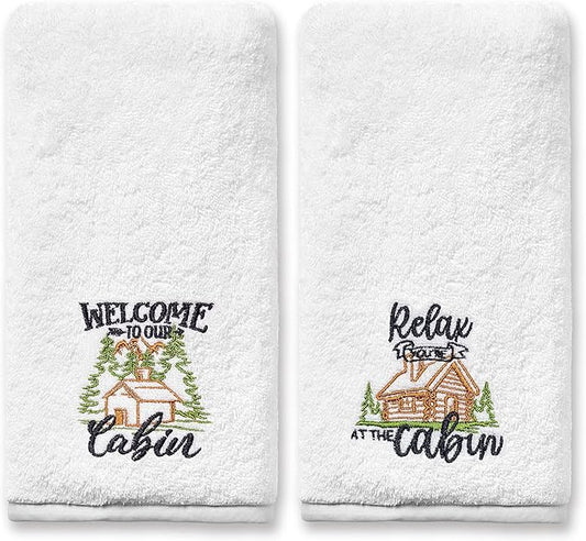 Cabin Hand Towels for Bathroom, Cabin Decor Embroidered Dish Towels, Log Cabin Decor Gifts Decorative New Home Bear Deer Tea Hand Towels, 100% Cotton Soft Towels for Kitchen 14x30 Inches