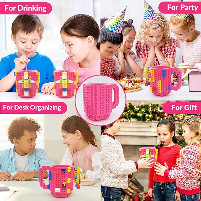 Build-on Brick Coffee Mug, Funny DIY Novelty Cup with Building Blocks Creative for Kids Men Women Xmas Birthday (Rose)