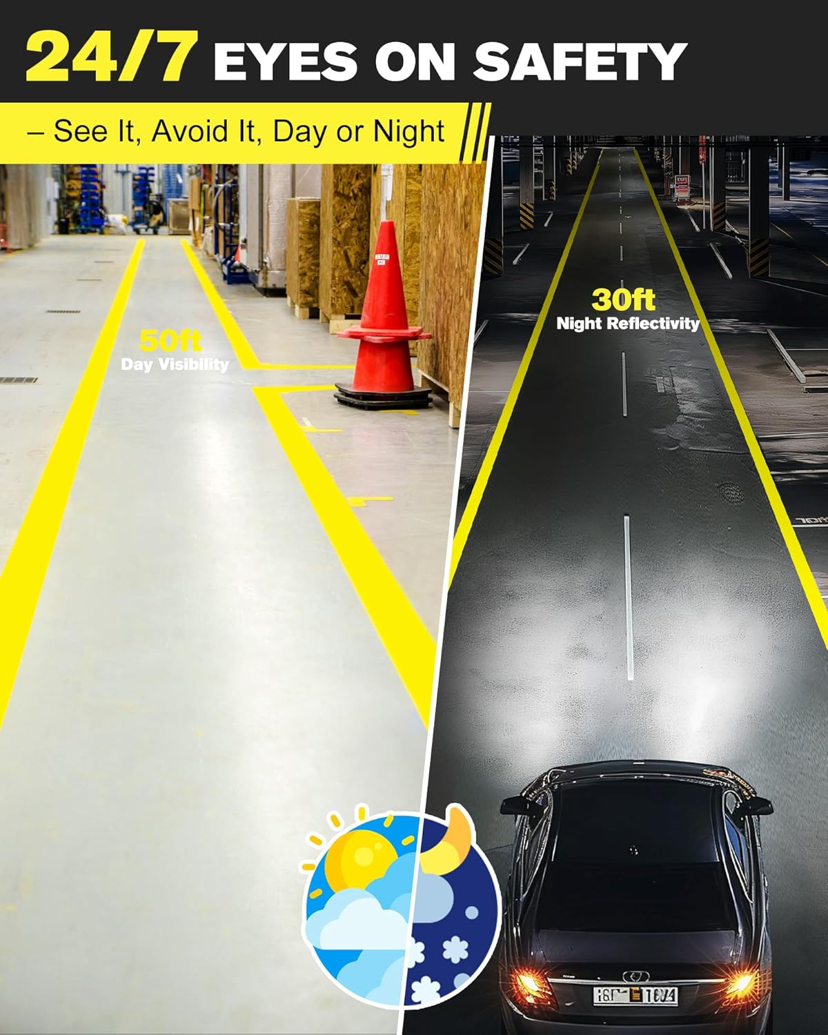 Floor Marking Tape,2 in x 108 FT Strong Adhesive Caution Tape,High Durability Warning Safety Tape for Indoor/Outdoor - Warehouses,Factories,Parking Lots,Retail Locations,Yellow,3 Rolls