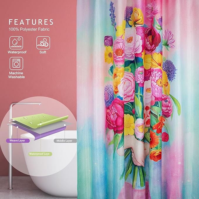Vimorco Shower Curtain Pink Flower, Blue Bouquet Shower Curtains for Bathroom, Waterproof Quick-Dry Polyester Fabric Shower Curtain, Bathroom Curtains Set, Bath Curtain Decor, 72''x 72'', Floral
