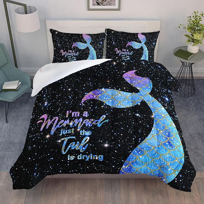 Bedding Comforter Set Black Starry Sky Mermaid Printed Pattern Quilt with 1 and 2 Pillowcases for Girls Bedroom All Season(Black Full) Full 80x90inches