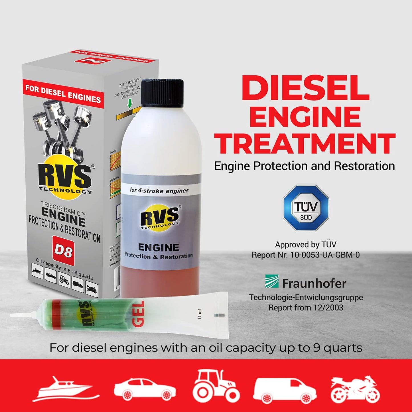 D8 engine oil treatment, For Diesel engines with a motor oil capacity up to 9 quarts; Safely Restore and protect your Car, Truck, Motorcycle and all other engines