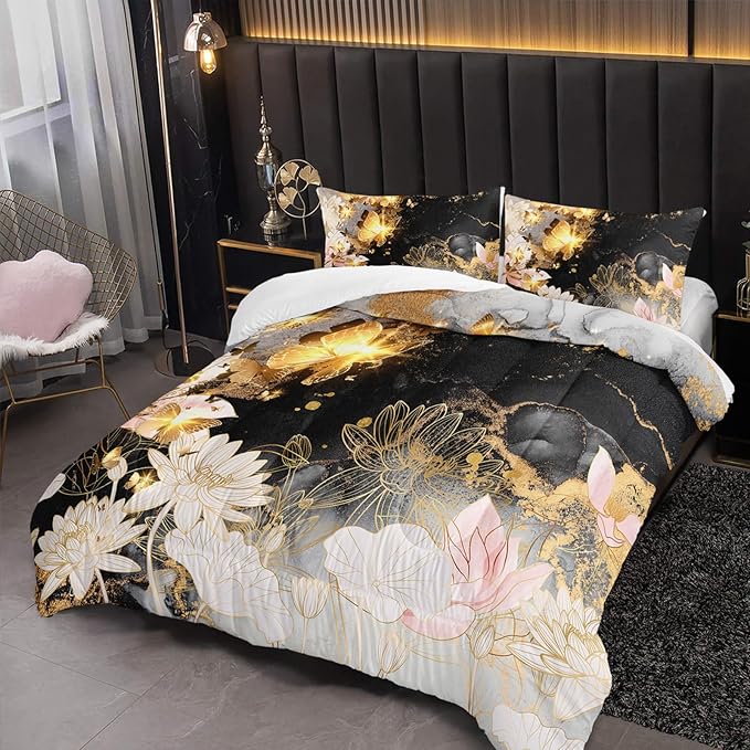 Butterfly Flowers Comforter Set Twin Lotus Floral Bedding Sets 3PCS for Kids Teen Adult Room Decor Ultra-Soft Lightweight Microfiber 1 Comforter with 2 Pillowcases