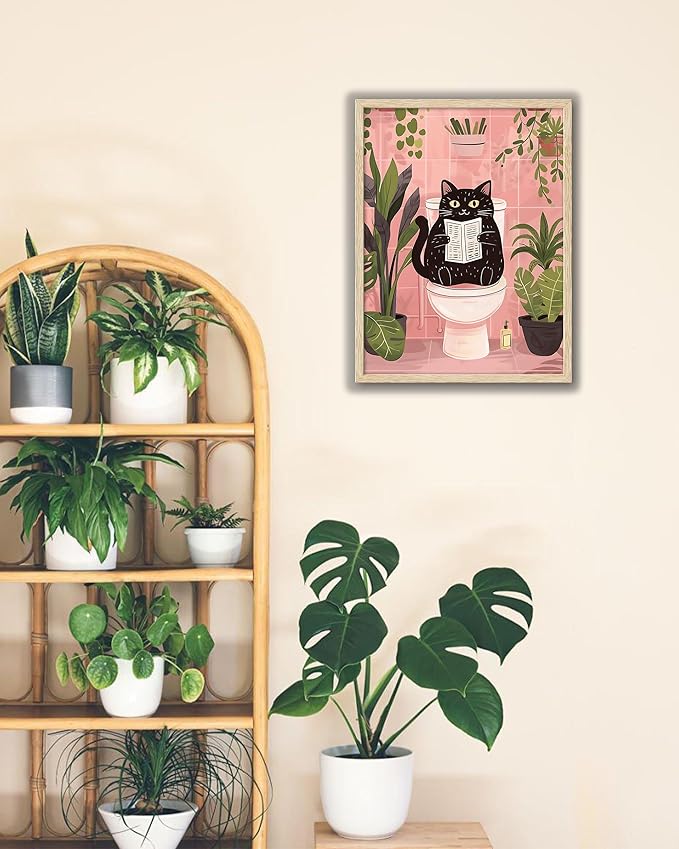 UPWOIGH Beige OAK Framed Wall Art, Black Cat Reading the Newspaper Poster, Wood Canvas Wall Decor,Animals Abstract Prints, 12"x16"High-end Pictures for Bathroom Bedroom,1 Pack