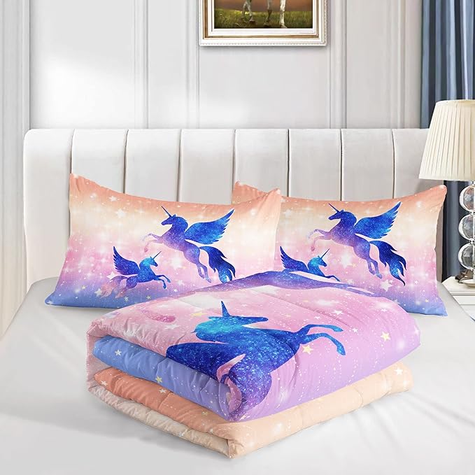 Bedding Comforter Set Starry Sky Unicorn Printed Pattern Quilt with 1 and 2 Pillowcases for Girls Bedroom All Season(Purple Twin) Twin 68x86inches
