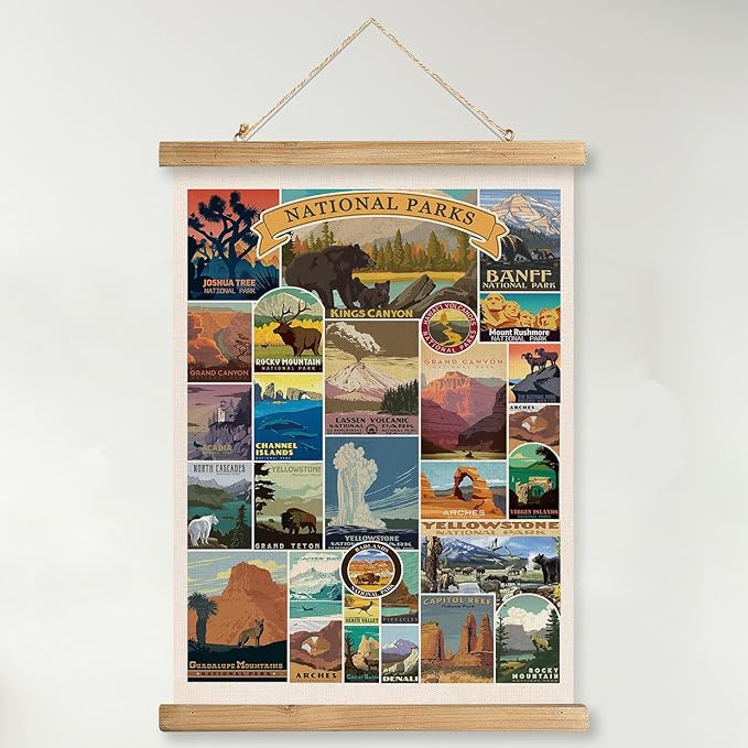 XIAOAIKA USA National Parks Retro Poster Collection - Illustrated Travel Destinations with Wooden Hanger - Vintage Wall Art for Outdoor Enthusiasts and Explorers 20 x 30 Inches