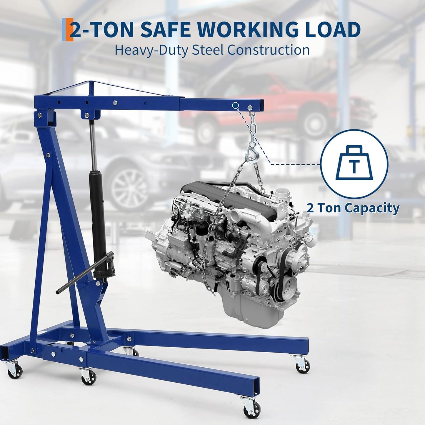 Engine Hoist Cherry Picker, 2 Ton Folding Hydraulic Engine Hoist with Telescopic Boom & 6 Casters, Heavy Duty Shop Crane Lifting Cherry Picker for Workshops Garage, Blue
