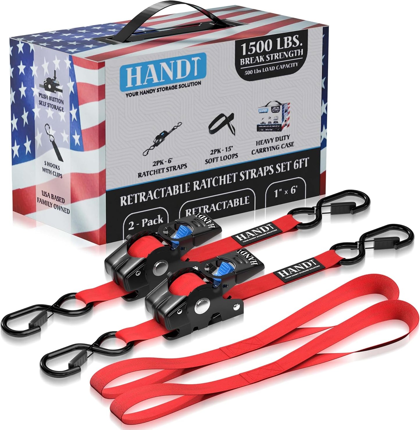 HandT USA Based Retractable Ratchet Straps (2PK) 1in x 6ft - 1,500lb Break Strength, Heavy Duty Automatic Ratchet Straps Self Retractable Tie Down, Push Button Retracting Truck Trailer Cargo | Red