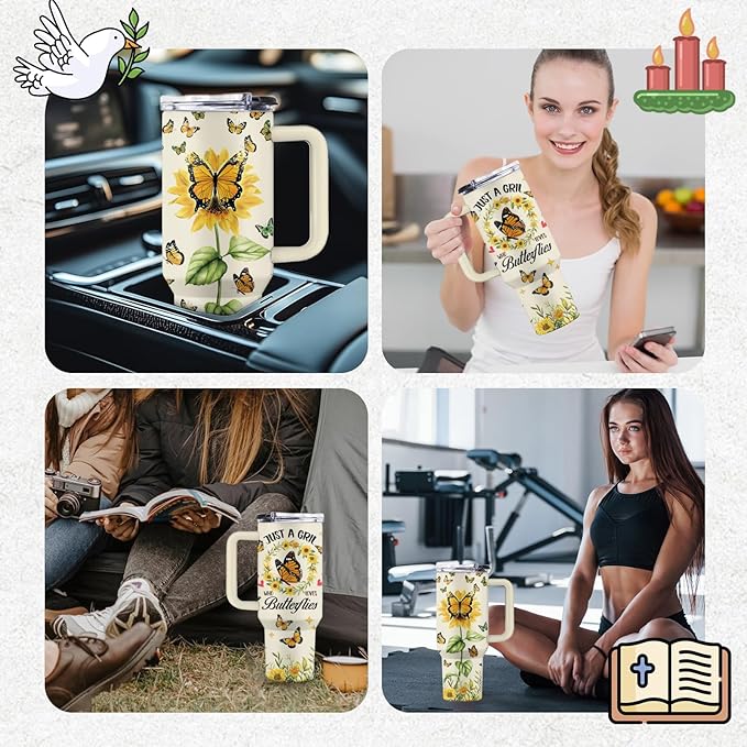 Butterfly Gift, 40 Oz Just a Girl Who Loves Butterflies Tumbler with Handle & Straw, Birthday Gifts for Animal Lovers Women Men, Stainless Steel Yellow Butterfly Tumbler