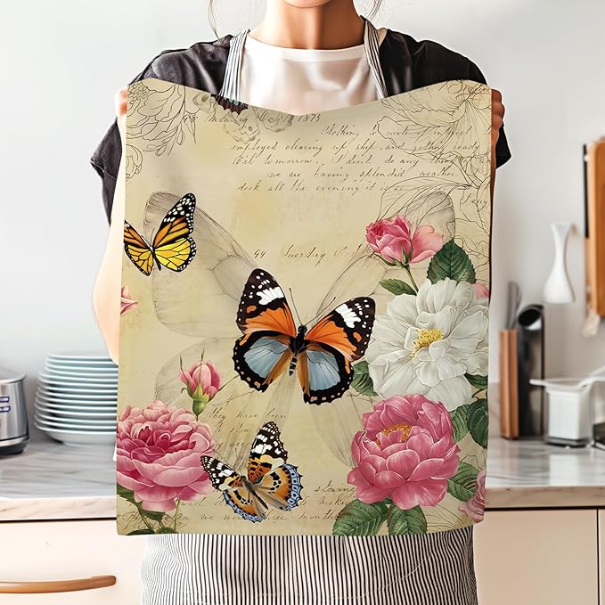 Vintage Butterfly Tea Towels, Cotton Kitchen Towel 18.9 × 27.5 inch, Quick Drying Dish Cloth for Party Anniversary Holiday Decoration Housewarming Gifts