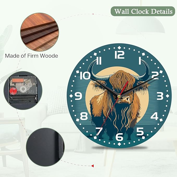 Wall Clocks,Highland Cow 10 Inch Wall Clock,Small Battery Operated Wall Clocks Decorative for Kitchen/Living Room/Bedroom/Bathroom/Dining Room