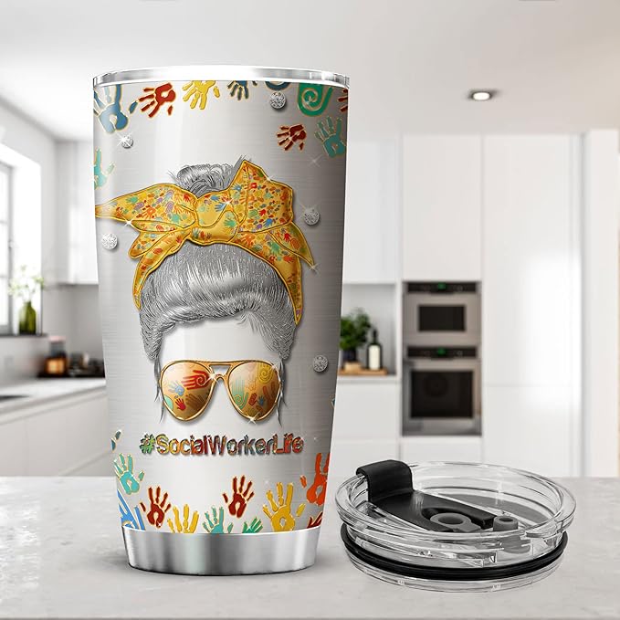 ZOXIX Social Worker Travel Mug Tumbler 20oz Graduation Appreciation Gifts For BSW DSW Colorful Messy Bun Hair Jewelry Style MSW LCSW Gift For Women Caregiver Insulated Cup With Lid