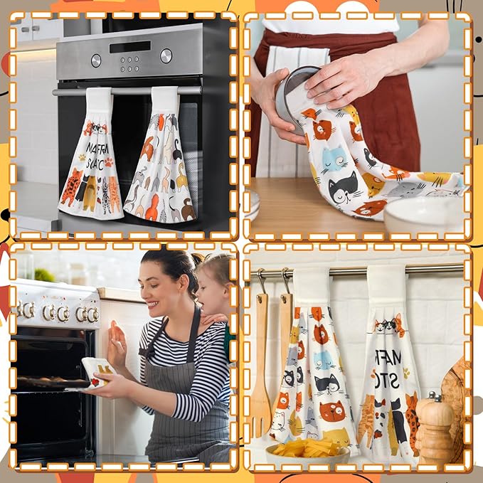 Sratte 4 Pcs Cat Kitchen Tie Towels with Hanging Loop Set Funny Cat Lover Gift Cute Hand Towels Kitty Owners Bath Dish Absorbent Oven Stove Washcloth for Home Women Mom Housewarming Gifts Decor