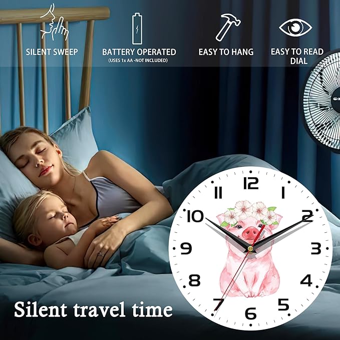 Wall Clock, 10 Inch Silent Non-Ticking Home Kitchen Decor, Battery Operated for Bathroom Bedroom Living Room Office(Cute Pig Flower)