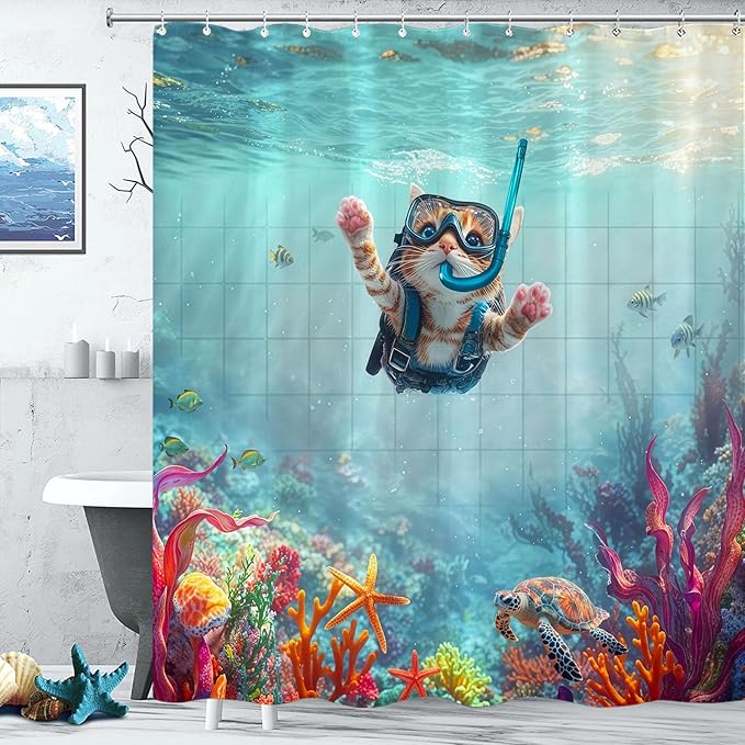 Yeoiat Dinosaur Shower Curtain Funny Shower Curtain Cat Ocean Shower Curtains for Bathroom Cute Shower Curtain Set with 12 Hooks Cat-01 72×72 Inches