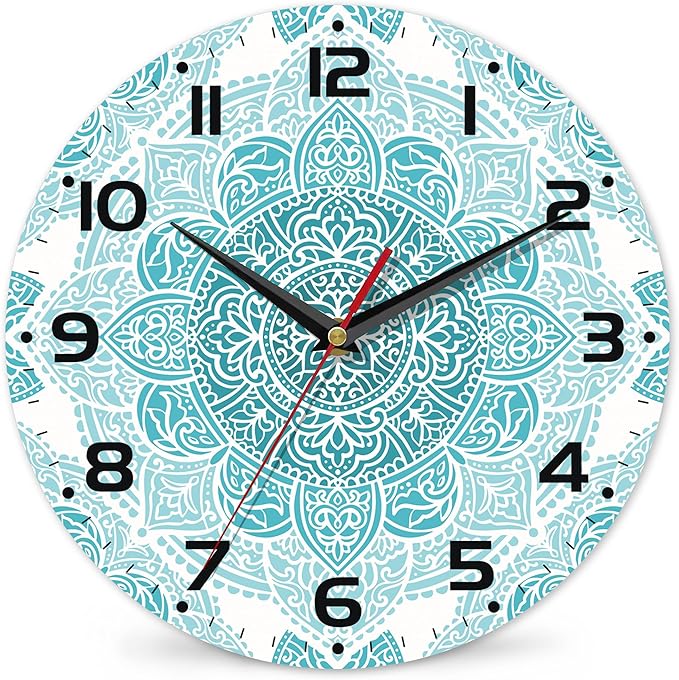 Teal Mandala Flower Wall Clock, Silent Non-Ticking, Battery Operated, Wooden Decorative Round Clock with Arabic Numerals, 10 Inch