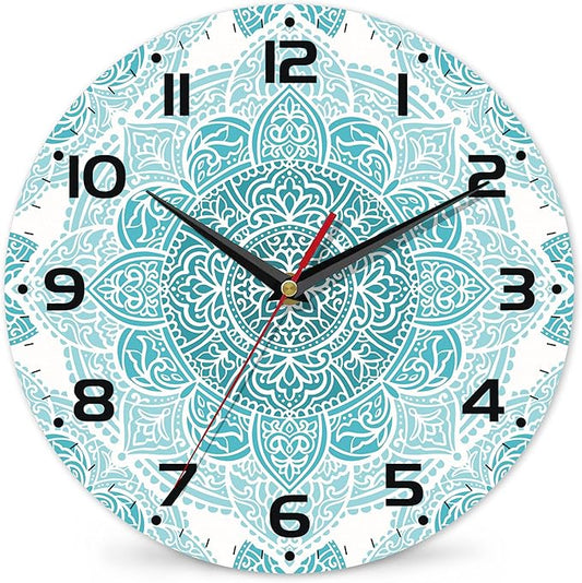 Teal Mandala Flower Wall Clock, Silent Non-Ticking, Battery Operated, Wooden Decorative Round Clock with Arabic Numerals, 10 Inch