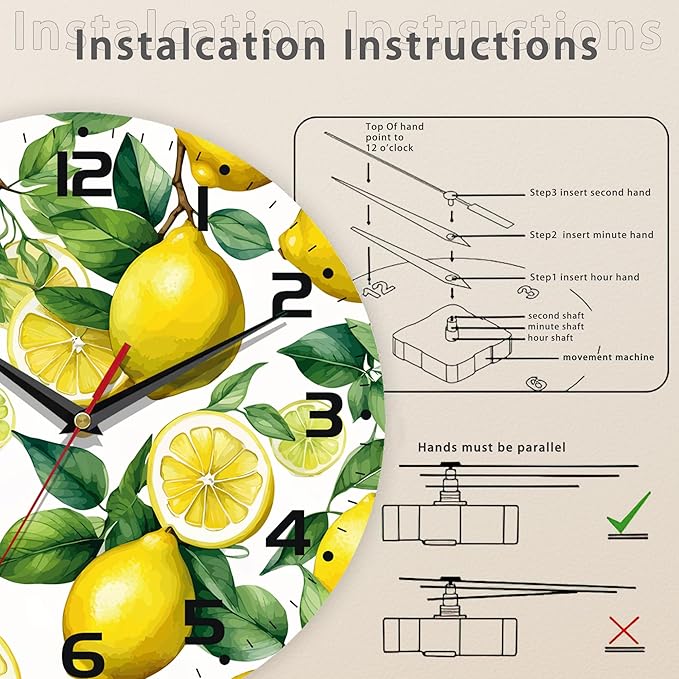 Wall Clock, Watercolor Lemon Wall Clock Silent Non-Ticking Battery Operated Clock 10 Inch, Home Decor for Living Room, Kitchen, Bedroom and Office